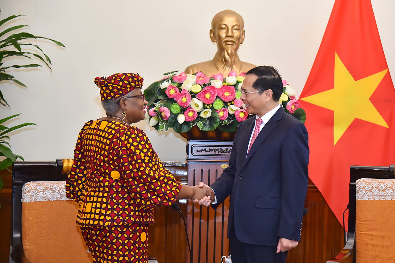 tta-1696-1-1-5283-1684407535 Tổng giám đốc WTO Ngozi Okonjo-Iweala (trái) và Bộ trưởng Ngoại giao Bùi Thanh Sơn trong cuộc gặp tại Hà Nội sáng 18/5. Ảnh: BNG
