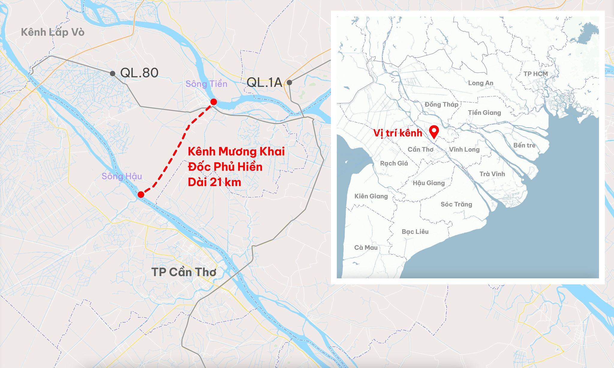 366068625-1458330158248890-728-2427-6093-1692164704 Vị trí kênh Mương Khai - Đốc Phủ Hiền, dự án đang được Đồng Tháp đề xuất đầu tư. Đồ hoạ: