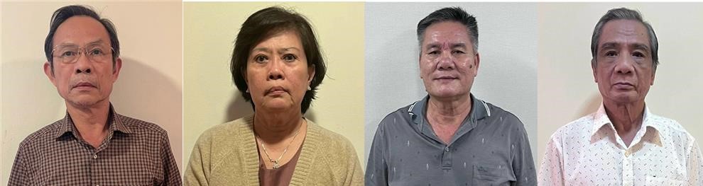 Từ trái qua, các bị can Trần Ngọc Thuận; Nguyễn Thị Hồng; Võ Sỹ Lực; Trần Thoại. Ảnh: Bộ Công an