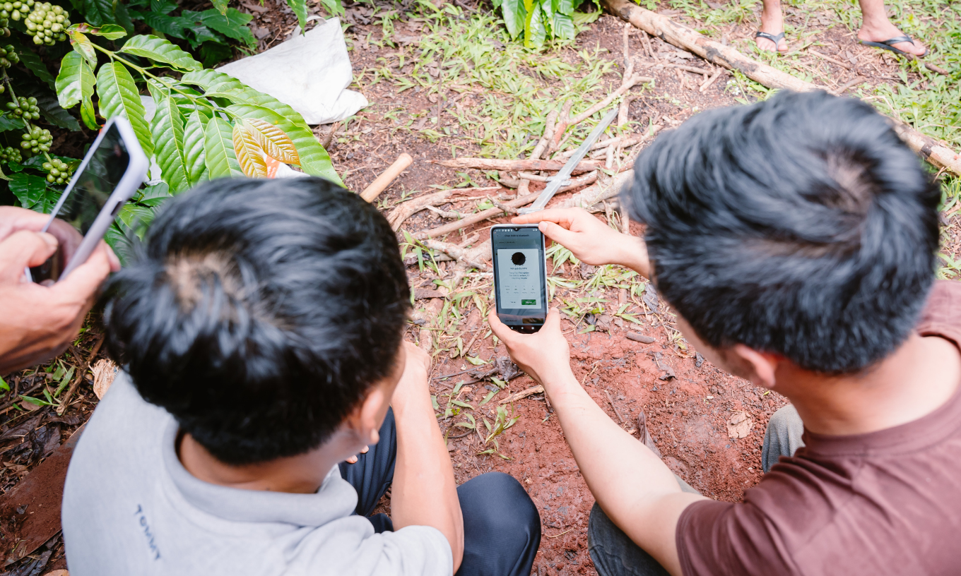 Nhóm sử dụng App enfarm đo dinh dưỡng cây trồng. Ảnh: Nhóm nghiên cứu