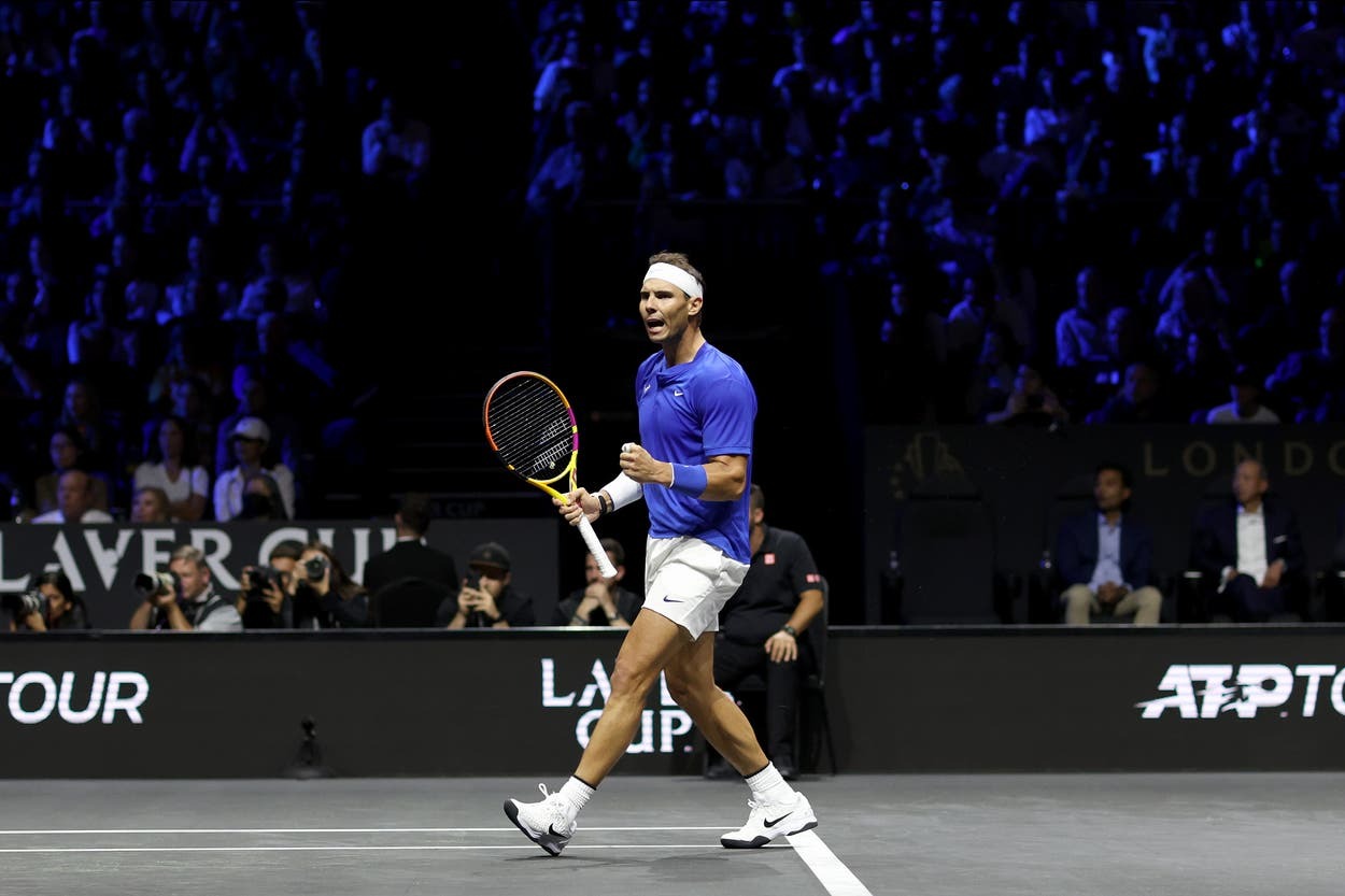 Nadal mừng một điểm thắng tại Laver Cup 2019. Ảnh: Reuters