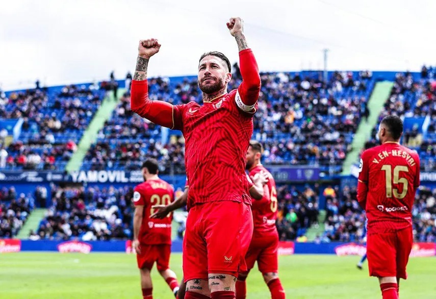 Ramos mừng bàn trong trận Sevilla thắng Getafe 1-0 hôm 30/3 tại La Liga. Ảnh: EFE