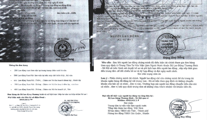 fake-4652-1733114298 Trong văn bản giả mạo, kẻ gian làm giả con dấu, chữ ký lãnh đạo Bộ Lao động Thương binh và Xã hội, Trung tâm Lao động ngoài nước. Ảnh: Xuân Hoa