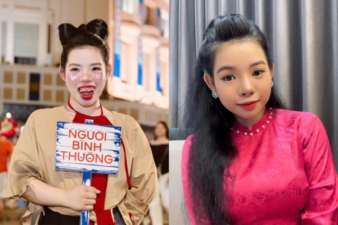 htp-1-5169-1733223099 Thái Phương đeo răng giả, hóa thân Thị Nở (trái) và diện mạo ngoài đời (phải). Cô từng học trung cấp đàn bầu tại Học viện Âm nhạc Quốc gia Việt Nam, hiện học năm thứ nhất trường Cao đẳng Nghệ thuật Hà Nội. Ảnh: Nhân vật cung cấp