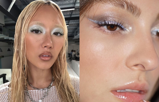 trang-diem-bang-gia-5-17342550-8812-7419-1734255597 Trang điểm băng giá thường tán phấn xám, xanh nhạt khắp bầu mắt hoặc kẻ eyeliner màu bạc và tán nhũ đầu mắt. Ảnh: Traffic-chic