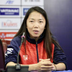 Huỳnh Như trong buổi họp báo trước trận bán kết tại Phnom Penh hôm nay 11/5. Ảnh: Lâm Thoả