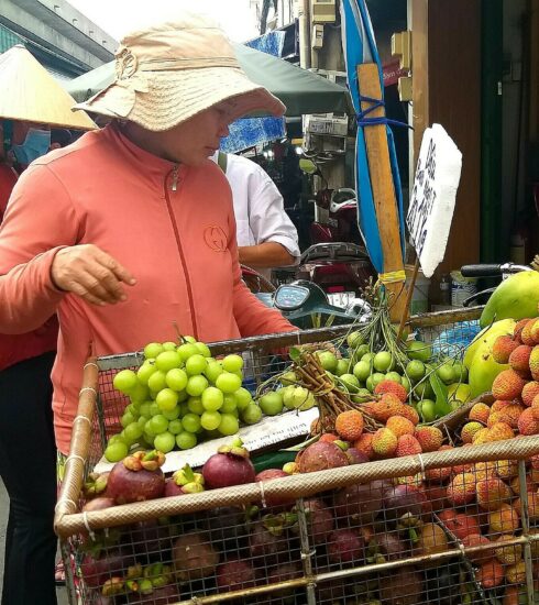 Vải bán trên xe đẩy trước chợ Xóm Mới (Gò Vấp). Ảnh: Hồng Châu