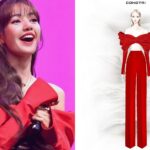 Ca sĩ được người hâm mộ khen xinh đẹp, trẻ trung trong trang phục tông đỏ, đen. Cô phối thêm áo quây, khác với bản gốc (phải) của Công Trí. Ảnh: Nhân vật cung cấp