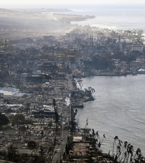 Nhà cửa, công trình và bến cảng ở thị trấn Lahaina bị thiêu cháy hôm 10/8. Ảnh: Patrick T. Fallon/ AFP