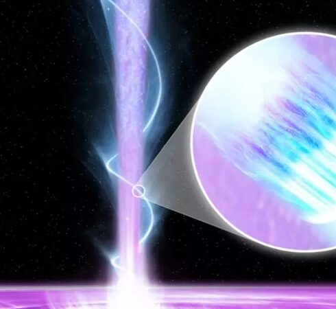 Mô phỏng Markarian 421 phát ra chùm tia năng lượng cao. Ảnh: NASA/Pablo Garcia