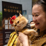 Con mèo vàng tên là Trump cùng chủ tại triển lãm ở Bảo tàng Thượng Hải ngày 27/7. Ảnh: AFP