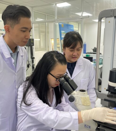 TS Đặng Thị Tùng Loan (phải) cùng các thành viên nhóm nghiên cứu quan sát sự phát triển tế bào gốc nang tóc trên kính hiển vi. Ảnh: Hà An