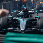 Chiếc W15 của George Russell bị mòn đáng kể lốp khi anh về nhất Grand Prix Bỉ trên đường đua Spa-Francochamps ngày 28/7. Ảnh: AFP