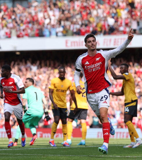 Tiền đạo Kai Havertz mừng sau khi ghi bàn mở tỷ số trận Arsenal - Fulham trên sân Emirates ở vòng 1 Ngoại hạng Anh ngày 17/8/2024. Ảnh: AFP.