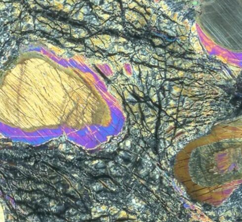 Đá lớp phủ quan sát dưới kính hiển vi thạch học. Ảnh: Johan Lissenberg