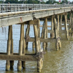 Các trụ cầu Trà Khúc trơ lõi sắt ở phần gần móng. Ảnh: Ngọc Mai