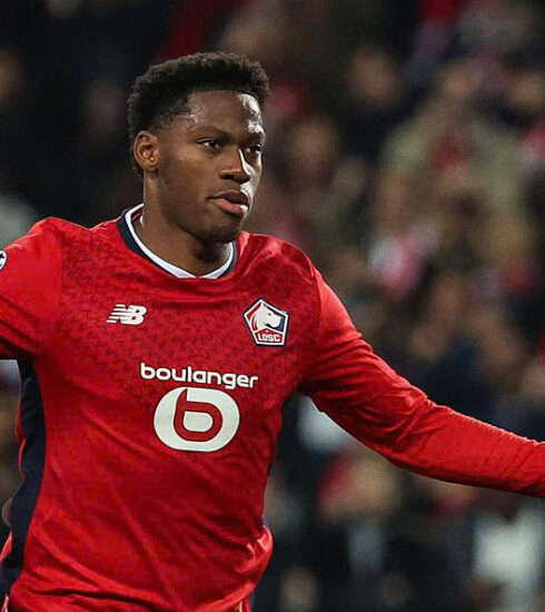 Jonathan David mừng bàn duy nhất cho Lille trước Real trên sân Pierre Mauroy, Pháp, ở lượt hai Champions League tối 2/10/2024. Ảnh: UEFA