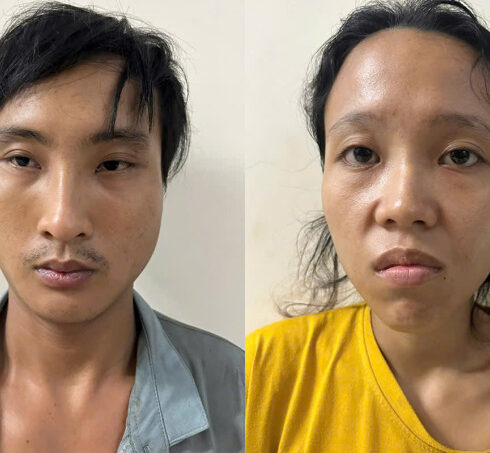 Vợ chồng Nguyễn Quốc Toàn tại cơ quan điều tra. Ảnh: Công an cung cấp