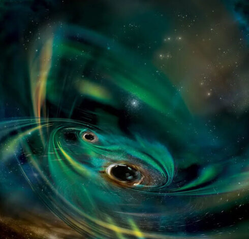 Hình ảnh nghệ thuật về cặp hố đen quái vật xoáy trong đám mây khí NASA/Aurore Simonnet. Ảnh: Đại học bang Sonoma