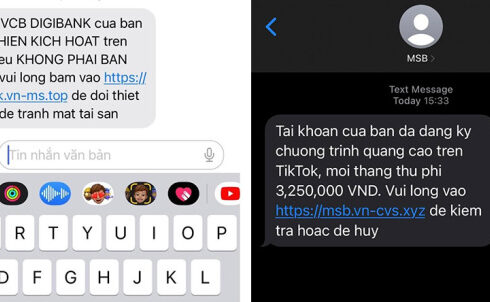 Tin nhắn giả mạo ngân hàng gửi đến khách hàng, có đường link lừa đảo, dẫn đến website mạo danh ngân hàng.